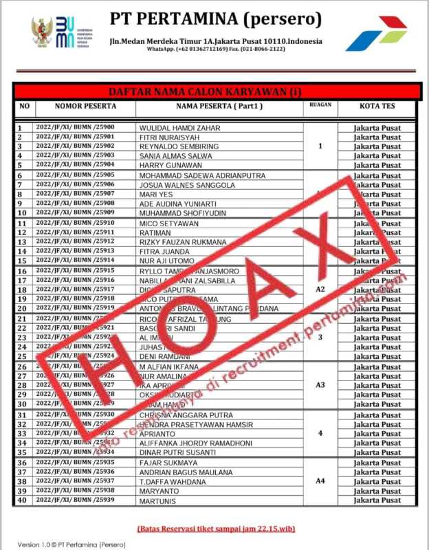 Waspada ! Pengumuman Tes Seleksi Rekrutmen Pertamina Hoax 1