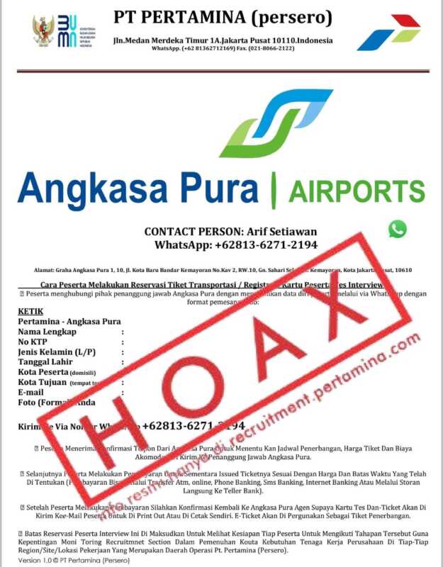 Waspada ! Pengumuman Tes Seleksi Rekrutmen Pertamina Hoax 3